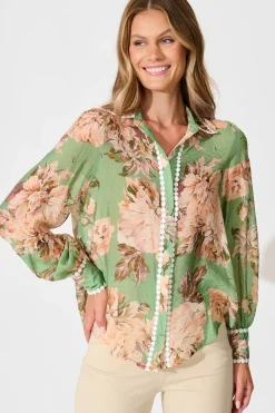 Sale Lynelle Shirt in Green Floral with White Contrast Trim Tops