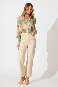 Sale Lynelle Shirt in Green Floral with White Contrast Trim Tops