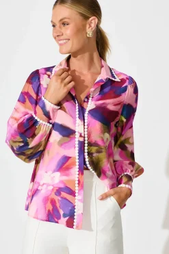 Outlet Lynelle Shirt in Plum Multi Watercolour with Contrast Trim Tops|Party & Occasion