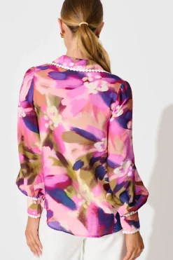 Outlet Lynelle Shirt in Plum Multi Watercolour with Contrast Trim Tops|Party & Occasion