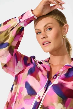 Outlet Lynelle Shirt in Plum Multi Watercolour with Contrast Trim Tops|Party & Occasion