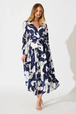 New Lyons Midi Dress in White with Navy Print Dresses|Casual