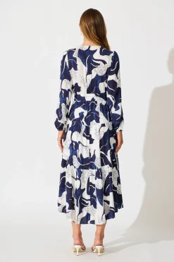 New Lyons Midi Dress in White with Navy Print Dresses|Casual