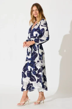 New Lyons Midi Dress in White with Navy Print Dresses|Casual