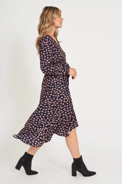 Outlet Mabo Midi Dress In Navy With Rust Leaf Dresses|Casual