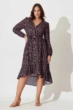 Outlet Mabo Midi Dress In Navy With Rust Leaf Dresses|Casual