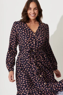 Outlet Mabo Midi Dress In Navy With Rust Leaf Dresses|Casual