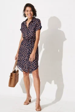 Sale Maddison Shirt Dress in Navy with Rust Leaf Dresses|Casual