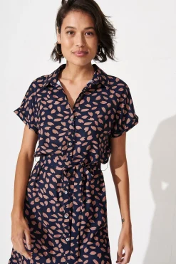 Sale Maddison Shirt Dress in Navy with Rust Leaf Dresses|Casual