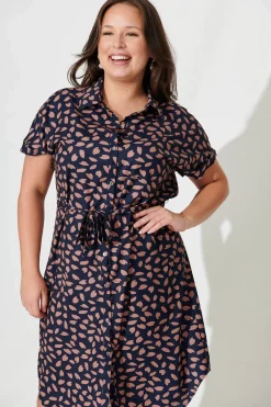 Sale Maddison Shirt Dress in Navy with Rust Leaf Dresses|Casual