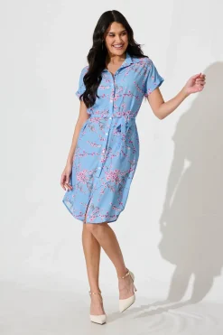 New Maddison Shirt Dress In Pale Blue With Pink Cherry Blossom Dresses|Casual