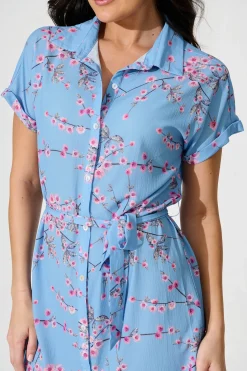 New Maddison Shirt Dress In Pale Blue With Pink Cherry Blossom Dresses|Casual
