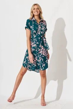 Clearance Maddison Shirt Dress In Teal With Pink Cherry Blossom Dresses|Casual