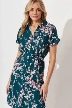 Clearance Maddison Shirt Dress In Teal With Pink Cherry Blossom Dresses|Casual