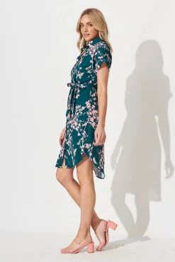 Clearance Maddison Shirt Dress In Teal With Pink Cherry Blossom Dresses|Casual
