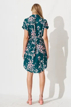 Clearance Maddison Shirt Dress In Teal With Pink Cherry Blossom Dresses|Casual
