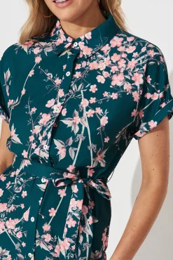 Clearance Maddison Shirt Dress In Teal With Pink Cherry Blossom Dresses|Casual