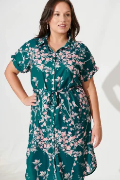 Clearance Maddison Shirt Dress In Teal With Pink Cherry Blossom Dresses|Casual