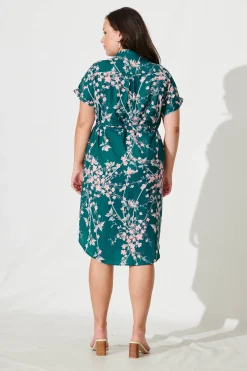 Clearance Maddison Shirt Dress In Teal With Pink Cherry Blossom Dresses|Casual