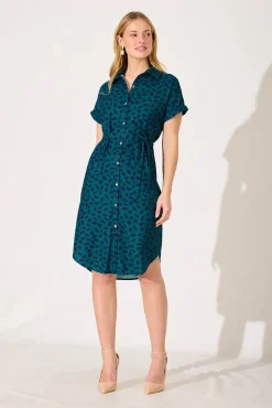 Sale Maddison Shirt Dress In Teal With Navy Leaf Dresses|Casual