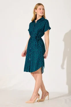 Sale Maddison Shirt Dress In Teal With Navy Leaf Dresses|Casual