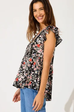 Fashion Maila Top In Black With Blush Multi Floral Tops|Casual
