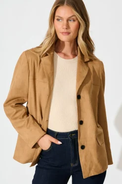 New Main Character Blazer in Camel Suedette Outerwear|Outerwear
