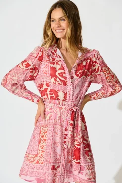Sale Malhia Shirt Dress in Pink with Red Cotton Blend Dresses|Party