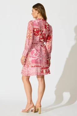 Sale Malhia Shirt Dress in Pink with Red Cotton Blend Dresses|Party