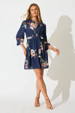 Sale Mandy Dress in Navy with Pink Floral Dresses|Casual