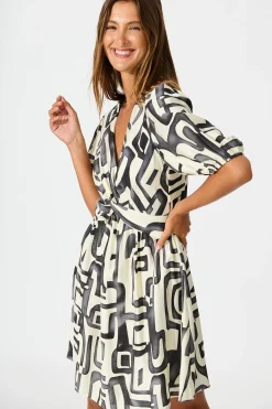 Clearance Manhattan Nights Dress in Black and White Geometric Print Dresses|Party