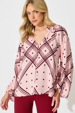 Discount Marcella Top in Pink with Wine Print Tops