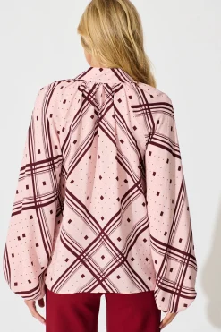 Discount Marcella Top in Pink with Wine Print Tops