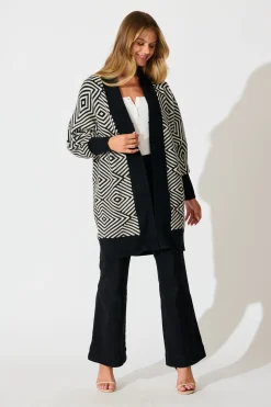 Fashion Marcelle Knit Cardigan in Black Aztec Wool Blend Knitwear|Knitwear