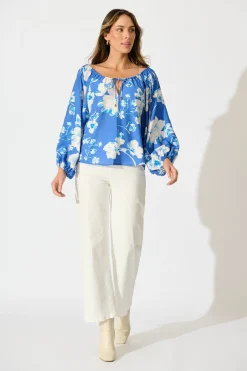 Fashion Marcy Top in Blue with White Floral Linen Blend Tops