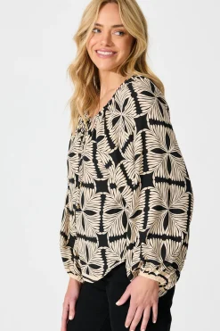 Fashion Marcy Top in Cream with Black Tile Print Tops