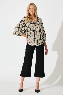 Fashion Marcy Top in Cream with Black Tile Print Tops
