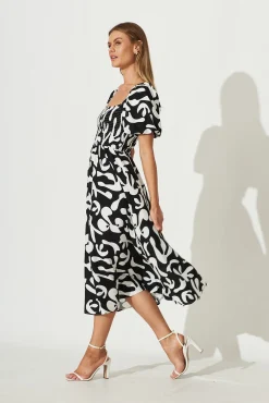 Fashion Mariam Midi Dress In Black With White Print Dresses|Casual