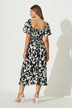 Fashion Mariam Midi Dress In Black With White Print Dresses|Casual