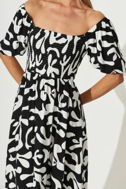 Fashion Mariam Midi Dress In Black With White Print Dresses|Casual
