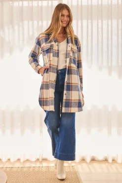 Best Mariana Shacket in Cream with Blue Check Wool Blend Outerwear|Outerwear
