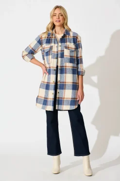 Best Mariana Shacket in Cream with Blue Check Wool Blend Outerwear|Outerwear