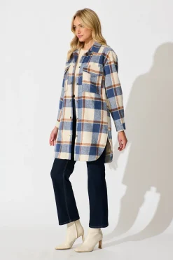Best Mariana Shacket in Cream with Blue Check Wool Blend Outerwear|Outerwear