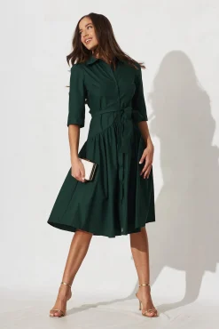 Fashion Marie Midi Shirt Dress In Emerald Cotton Dresses|Casual