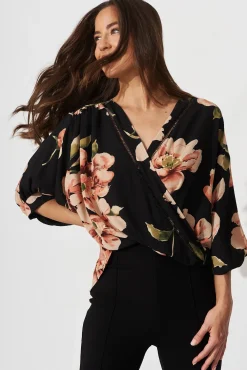 Sale Marliboo Mock Wrap Top In Black With Blush Floral Tops|Workwear