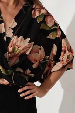 Sale Marliboo Mock Wrap Top In Black With Blush Floral Tops|Workwear