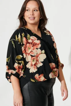 Sale Marliboo Mock Wrap Top In Black With Blush Floral Tops|Workwear
