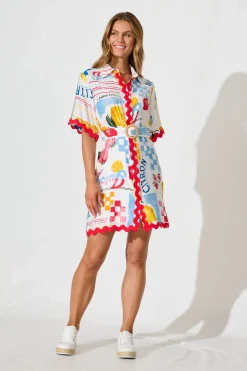 Outlet Maroa Shirt Dress in White Lemon Print Ric Rac Trim Dresses|Casual