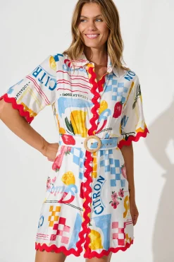 Outlet Maroa Shirt Dress in White Lemon Print Ric Rac Trim Dresses|Casual