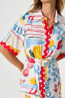 Outlet Maroa Shirt Dress in White Lemon Print Ric Rac Trim Dresses|Casual